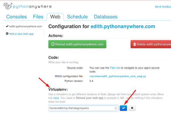 screenshot of web tab virtualenv config section with path correctly filled in